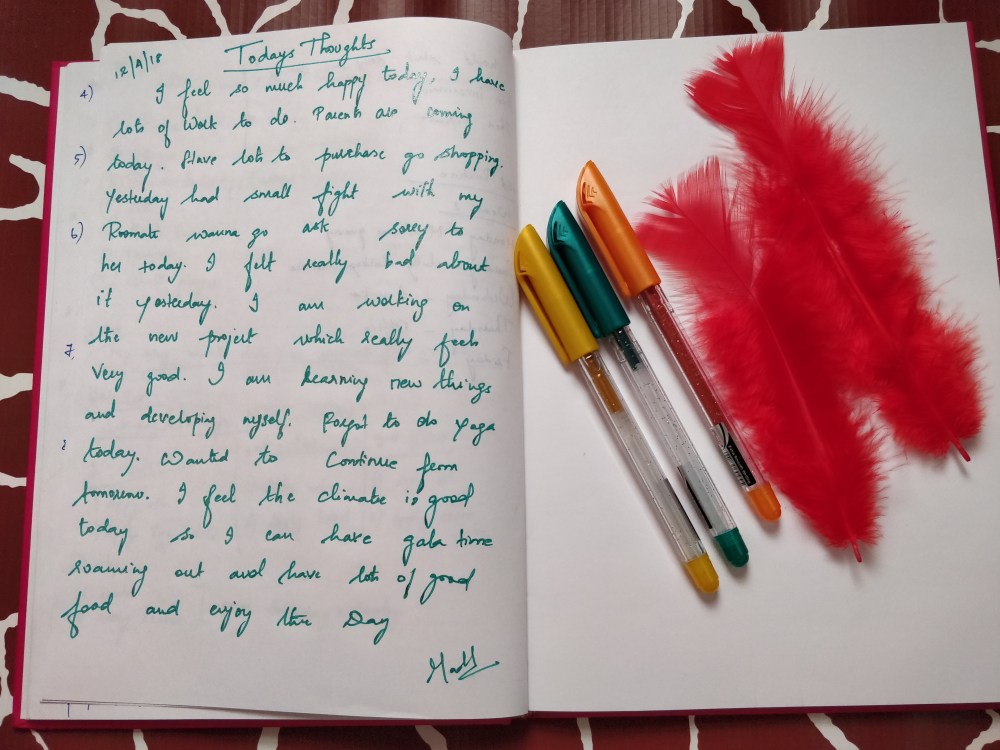 journal with pen and feathers
